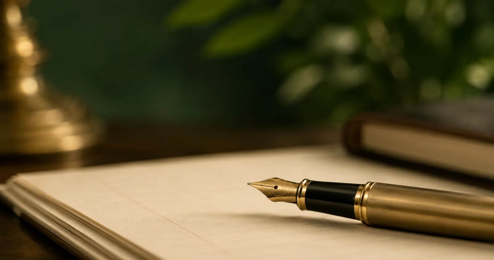 Fountain pen resting on ledger paper