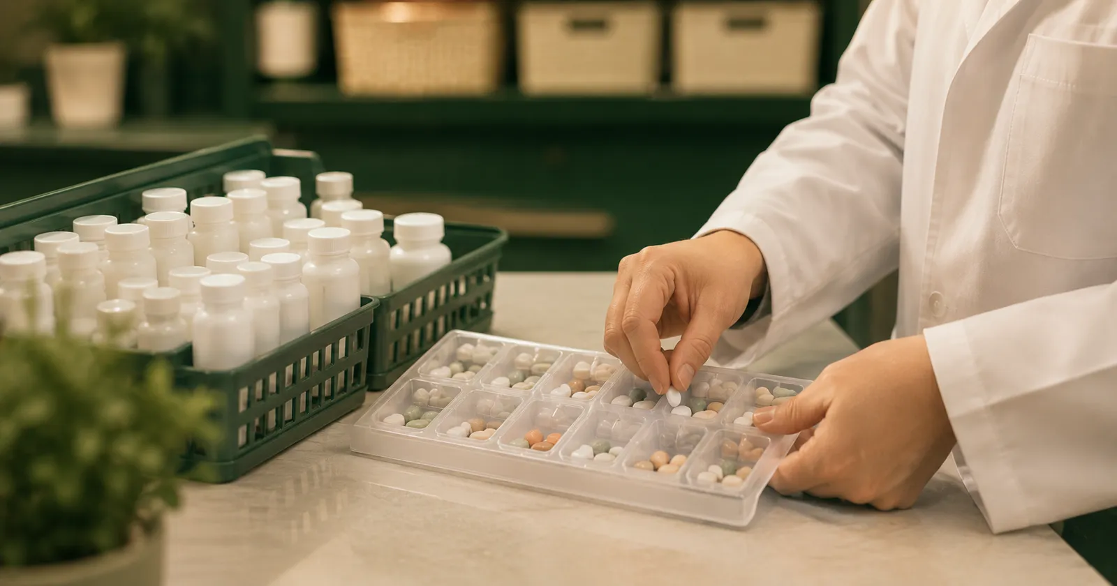 Pharmacist preparing a weekly medication blister pack