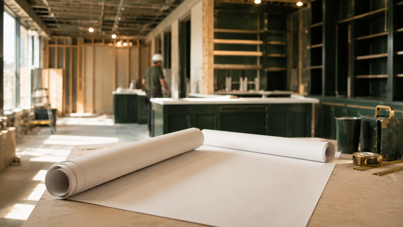 Modern pharmacy interior under construction with blank architectural plans in the foreground