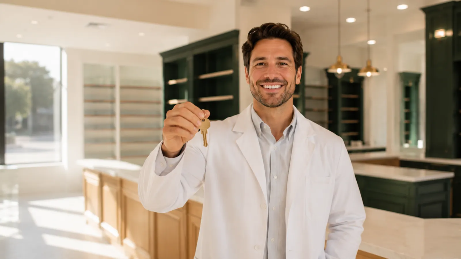 Young pharmacist holding the keys to a newly acquired pharmacy
