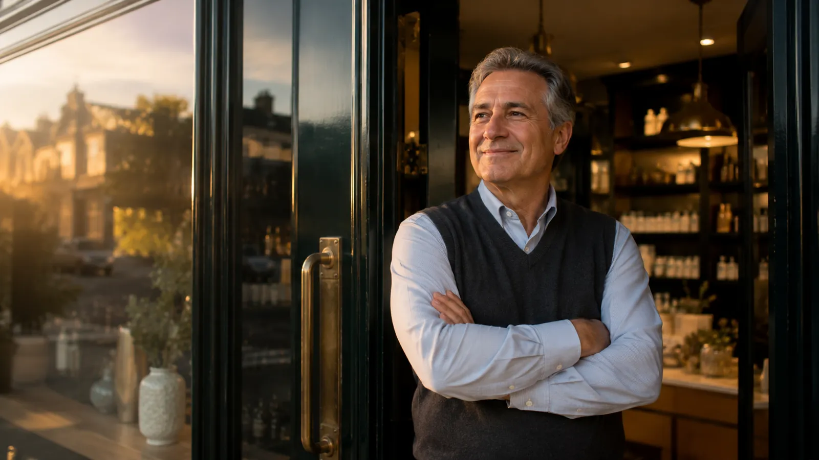 Pharmacy owner standing proudly at the door of their pharmacy at golden hour