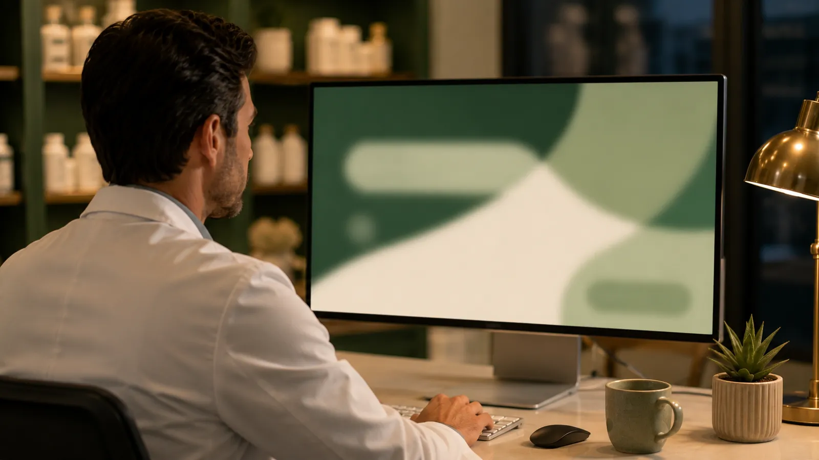 Pharmacist reviewing a website design at a back-office desk