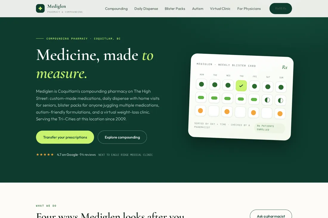 Screenshot of the Mediglen Pharmacy and Compounding website